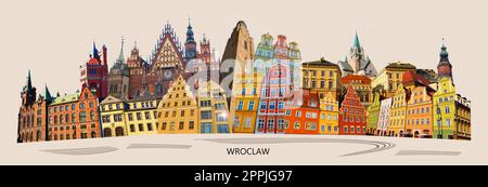 European city in art collage or design in modern contemporary retro style of Wroclaw - Poland Stock Photo