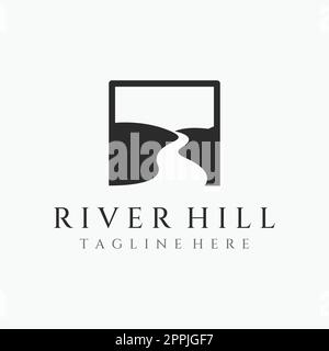 Logos of rivers, creeks, riverbanks and streams. River logo with combination of mountains and farmland with concept design vector illustration template. Stock Vector