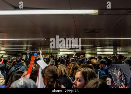 Crowded entrance area of Tower Hill underground station during the London Marathon, UK. Busy with passengers Stock Photo