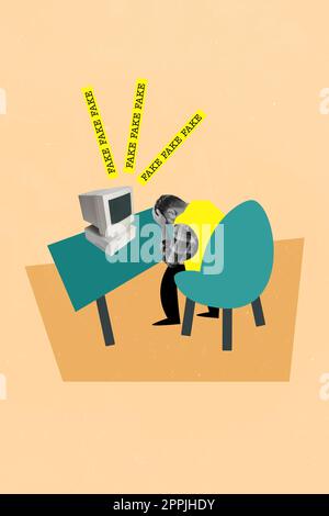 Vertical collage image of unsatisfied black white gamma guy tired fake information pc monitor isolated on beige background Stock Photo