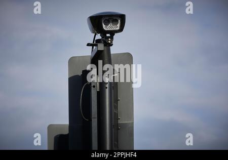 Ultra Low Emission Zone (ULEZ) cameras at Henlys Corner, A406 North Circular Road, North London. Stock Photo