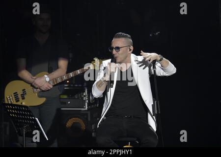 Francesco “Kekko” Silvestre of Moda' band performs during the live concert at Auditorium Parco della Musica in Rome, Italy, on April 23, 2023 Stock Photo