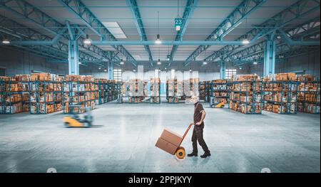 man with handtruck work in warehouse Stock Photo