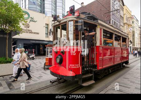 Nostalgic Taksim Tunel Red Tram, or tramvay, at Istiklal Street, Beyoglu district, central Istanbul, Istanbul, Turkey Stock Photo