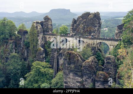 Saxon Switzerland (Elbe Sandstone Mountains) and Bastei bridge. Germany. Stock Photo