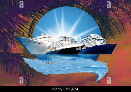 Abstract cruise ships or big liners in open water with tropic palm background . Collage about travel and vacations concept Stock Photo