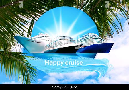 Abstract cruise ships or big liners in open water with tropic palm background . Collage about travel and vacations concept Stock Photo