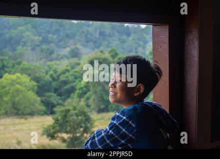 boy looking out window looking at the green forest Stock Photo