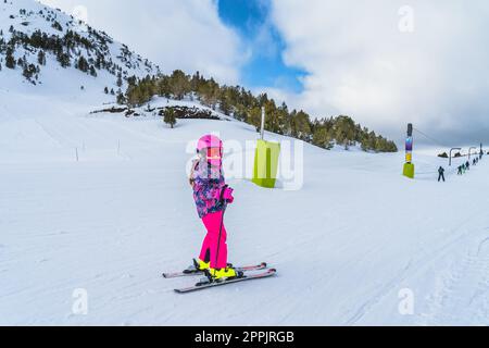 Young skier, a child, having fun on ski, winter holidays in Andorra Stock Photo