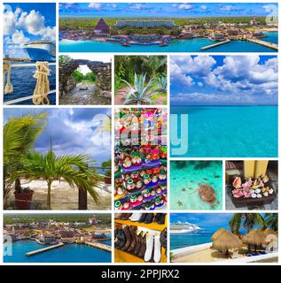The collage about cruise activity at port Cozumel at Mexico Stock Photo