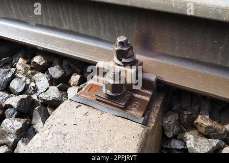 Railways. Metal steel rails and wooden sleepers. Rivets and fasteners on the railroad. Stony backfill of railway tracks. Station Nyrki, Karelia. Stock Photo