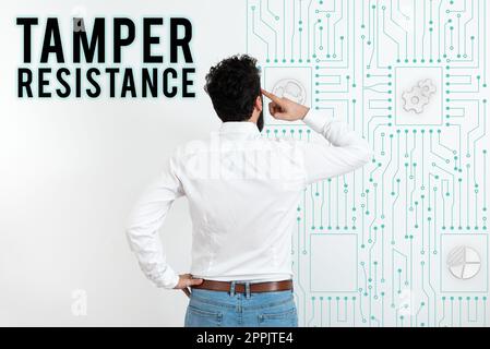 Text caption presenting Tamper Resistance. Business showcase resilent to physical harm, threats, intimidation, or corrupt persuasion Stock Photo