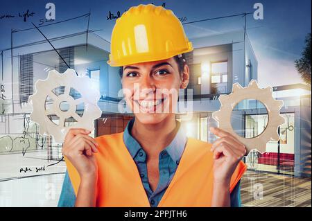 Engineer woman build house and joins pieces of gears as concept of partnership and integration Stock Photo