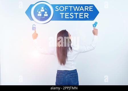 Sign displaying Software Tester. Business overview implemented to protect software against malicious attack Stock Photo