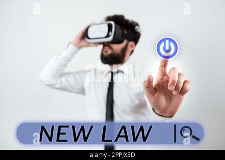 Text caption presenting New Law. Business overview system of rules that enforced through social or governmental Stock Photo