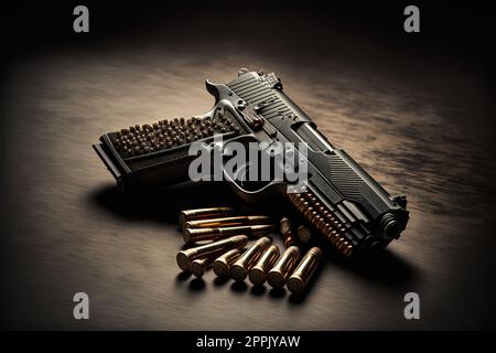 Hand gun with ammunition on dark background. 9 mm pistol military weapon and pile of bullets ammo at the metal table Stock Photo