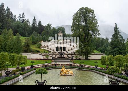 LINDERHOF, GERMANY - SEPTEMBER 22, 2022 - Linderhof Palace and its Park, Main Fountain, Upper Bavaria Stock Photo