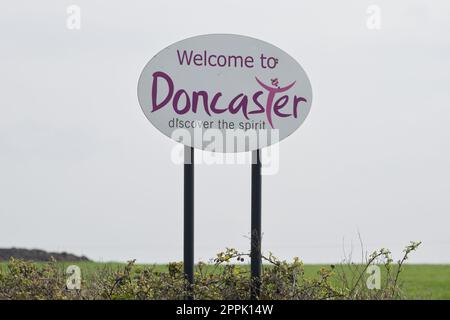 Welcome to Doncaster discover the spirit road sign, Doncaster, South Yorkshire, England, UK Stock Photo