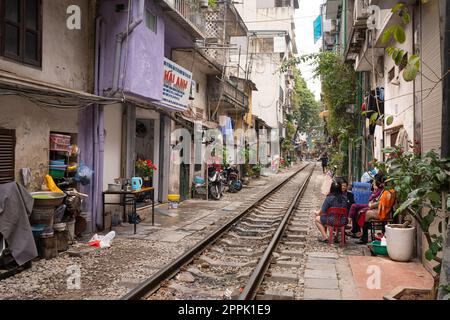 Train street in the city center of Hanoi, Vietnam Stock Photo