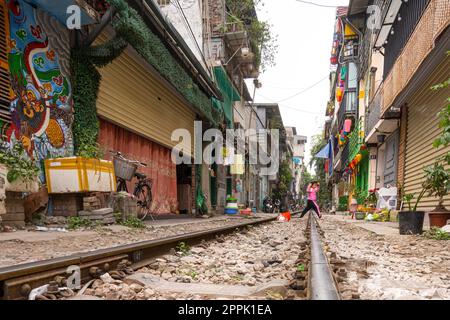 Train street in the city center of Hanoi, Vietnam Stock Photo