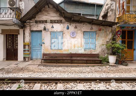 Train street in the city center of Hanoi, Vietnam Stock Photo