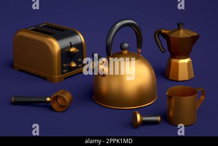 Kettle, toaster, coffee machine horn and geyser coffee maker on blue background. 3d render kitchen appliances making breakfast with latte coffee Stock Photo