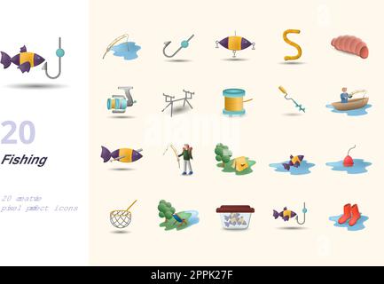 Fishing set. Creative icons: fishing rod, hook, lure, worm