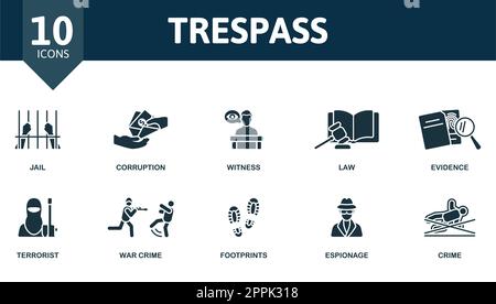 Trespass icons outline set. Creative elements: jail, corruption, witness, law, evidence, terrorist, war crime, footprints, espionage, crime. Stock Vector