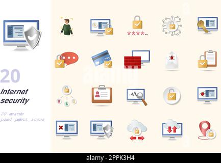 Internet security set. Creative icons: face recognition, online privacy, password, cyber security, data encryption, encryption message, secure payment Stock Vector