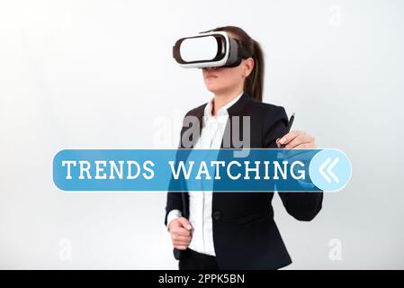 Text sign showing Trends Watching. Word Written on a business firm that usually engages and dominates the market Stock Photo