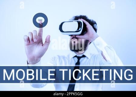 Writing displaying text Mobile Ticketing. Business concept tickets arrive as a text message with a special barcode Stock Photo