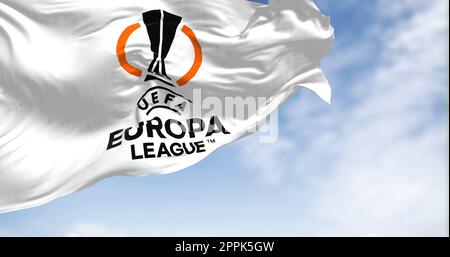 Rear view of the UEFA Europa League flag waving in the wind Stock Photo