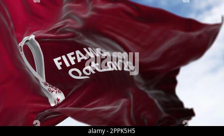 Close-up view of the FIFA Qatar 2022 World Cup flag waving in the wind Stock Photo