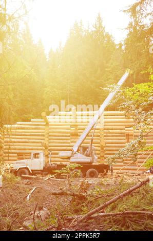 The process of building a wooden house from wooden beams of cylindrical shape. Crane in working condition Stock Photo