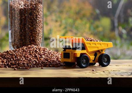 A small yellow toy truck is loaded with brown grains of buckwheat around the buckwheat pile and a glass of croup. A car on a wooden surface against a background of autumn forest. Buckwheat delivery Stock Photo