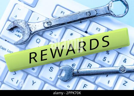 Inspiration showing sign Rewards. Internet Concept certain number or percentage you earn for every dollar you charge Stock Photo
