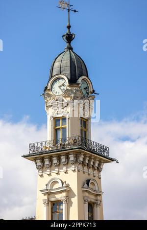 View of the clock tower of Town Hall at Market Square, Nowy Sacz, Poland Stock Photo