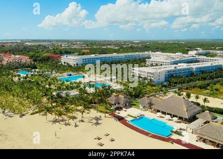 Drone view of resort with swimming pools and bars Stock Photo