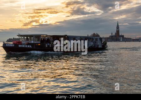 ACTV 49 Diesel public transportation bus boat on canal grande, heading to Lido, in Venice Stock Photo