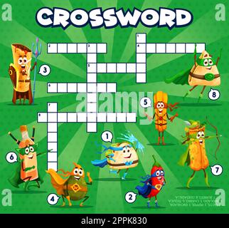 Crossword grid superhero cartoon mexican tex mex food characters, quiz game. Find a word vector worksheet with tacos, enchilada, pepper, avocado and c Stock Vector