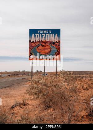 St. George, Utah, USA - April 22, 2023 : Welcome to Arizona State Sign situated along I-15 at the border with Utah. Stock Photo