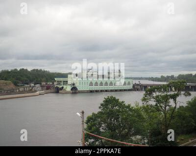 Volkhov, August 6, 2021 Volkhovskaya HPP, HPP-6 is a hydroelectric power plant on the Volkhov River in the Leningrad Region. The first large hydroelectric power plant in Russia. Electricity generation Stock Photo