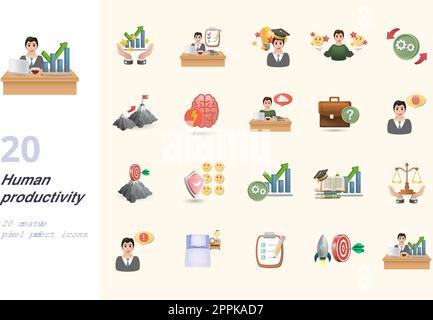 Human productivity set. Creative icons: inspiration, routine, genius, automatism, motivation, brain power, procrastination, career choice, good sense Stock Vector