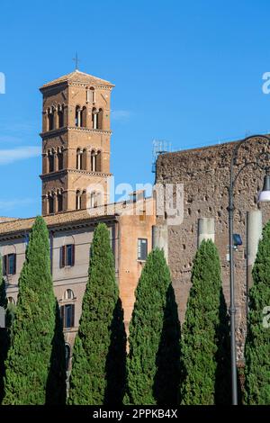 12th century romanesque style bell tower of Santa Francesca Romana Basilica, Roman Forum, Rome, Italy Stock Photo