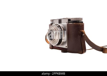 Vintage photographic machine with brown leather case and shoulder strap Stock Photo