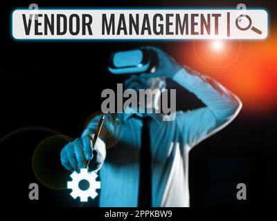 Sign displaying Vendor Management. Business concept activities included in researching and sourcing vendors Stock Photo