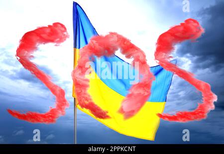Word SOS made of red smoke and national flag of Ukraine against cloudy sky Stock Photo