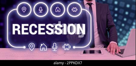 Text sign showing Recession. Word Written on the process of progressive decrease in growing, period of reduction Stock Photo