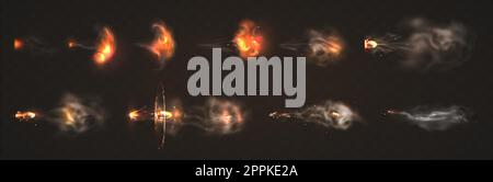 Realistic 3d flying bullets with smoke trace. Gun flashes with fire sparkles isolated on transparent background. Pistol shots clouds, muzzle shotgun explosion. Firearm projectiles, blast motion. Pistol shots clouds, muzzle shotgun explosion. Stock Vector