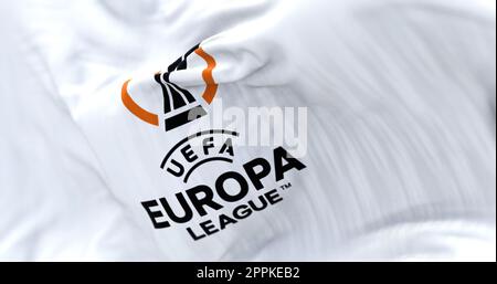 Detail of the UEFA Europa League flag fluttering in the wind Stock Photo